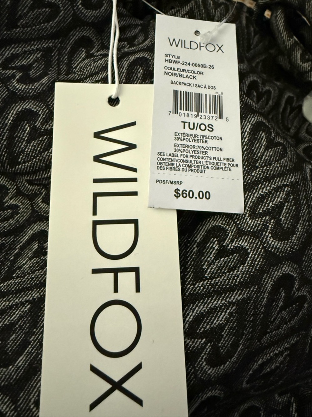WILDFOX Black Heart Jacquard Drawstring Tote Bag/Backpack - Picture 6 of 7